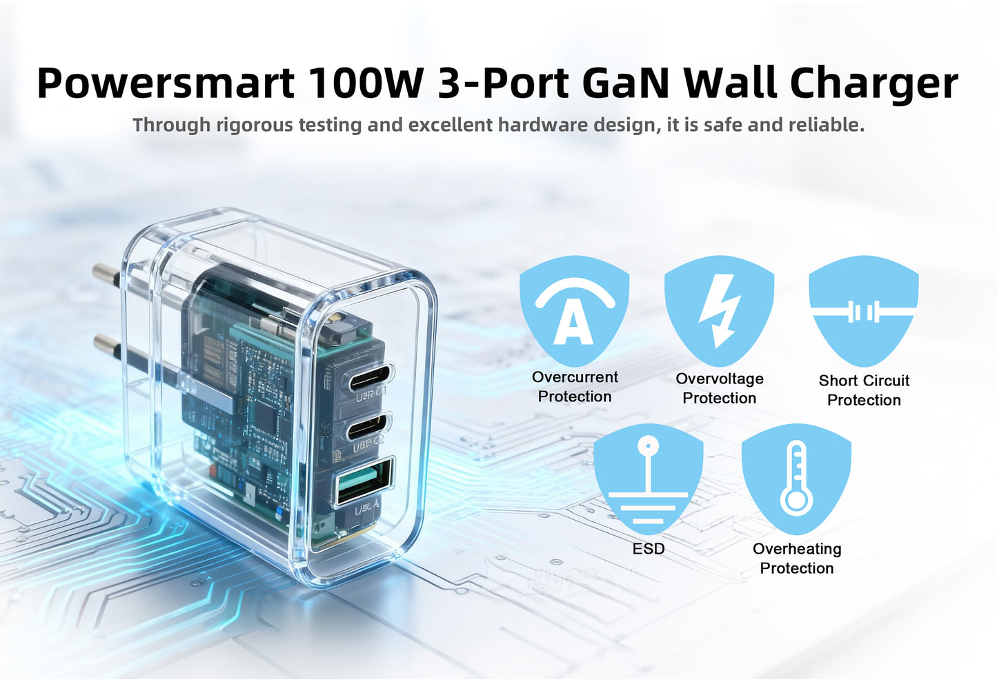 100W 3-poorts GaN snellader, PD 3.0 meervoudige compacte lader compatibel met iPhone 16 Pro Max MacBook Air iPad Samsung S24 Ultra Huawei Xiaomi DJI etc.