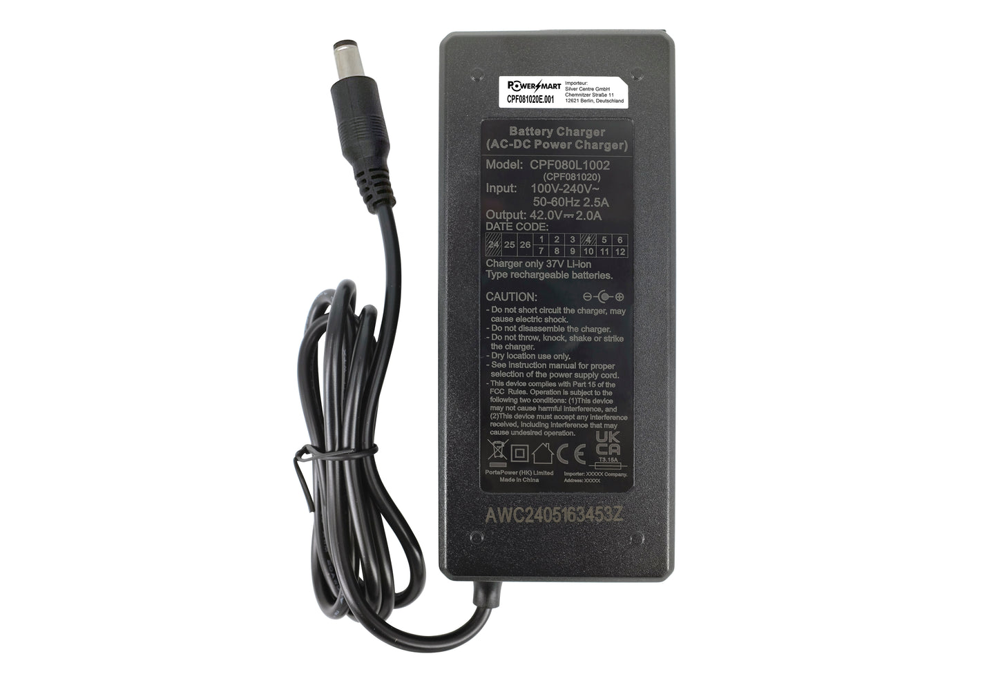 42 V 2 A Elektrofahrrad-Ladegerät für 36 V Lithiumbatterie, mit DC 5,5 mm x 2,1 mm Stecker