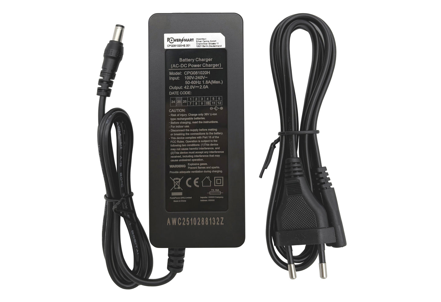 E-bike-lader 42V 2.0A voor 36V-accu's van Ansmann, Kalkhoff, Montana, Union, Victoria, Prophete, LLOBE en nog veel meer (DC 5,5×2,1mm)