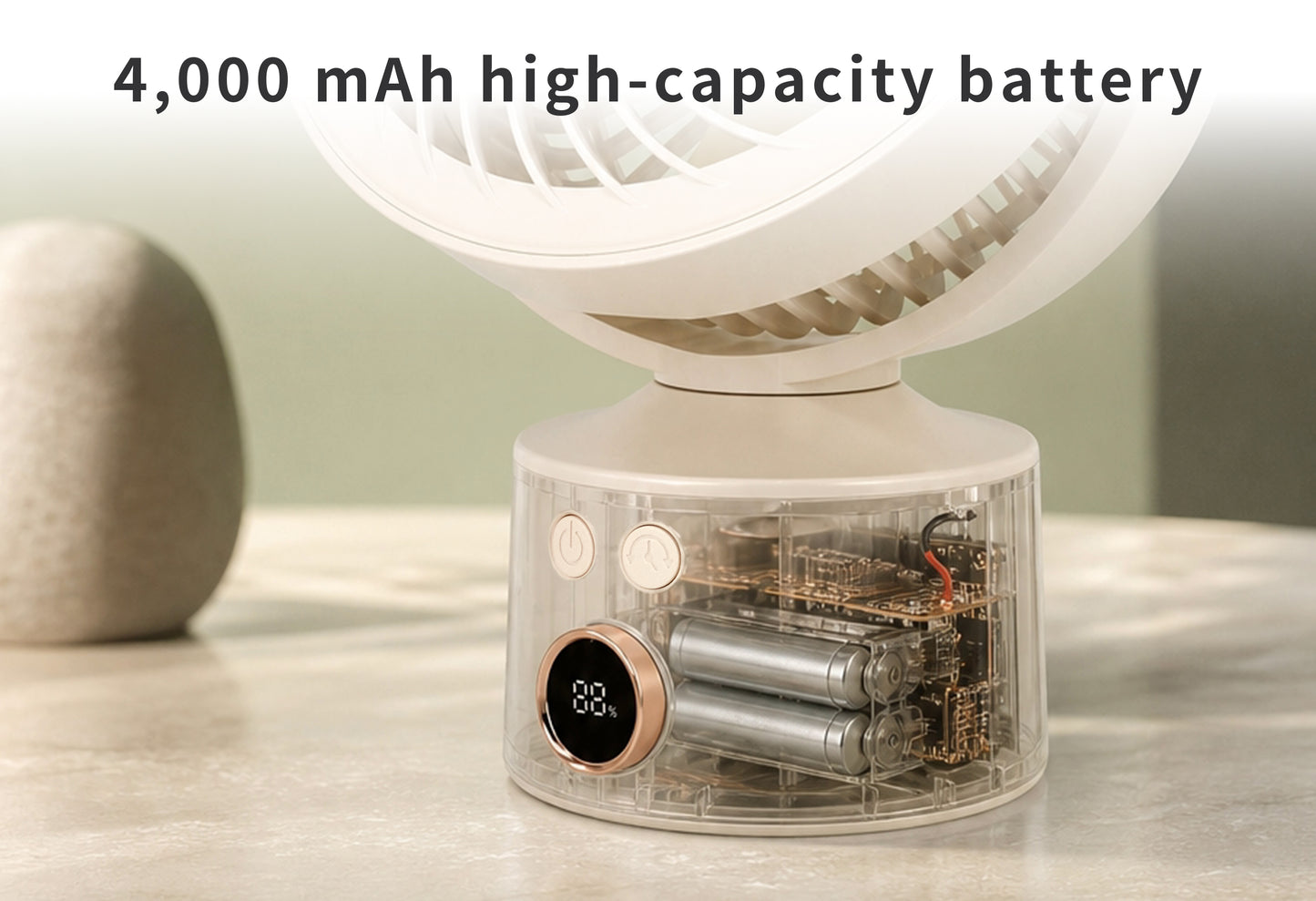 3D Air Circulation Table Fan with 110° Oscillation, 4000mAh Rechargeable Battery, 3 Speeds, 4H Timer & Aromatherapy Function – USB‑C Portable Air Circulator