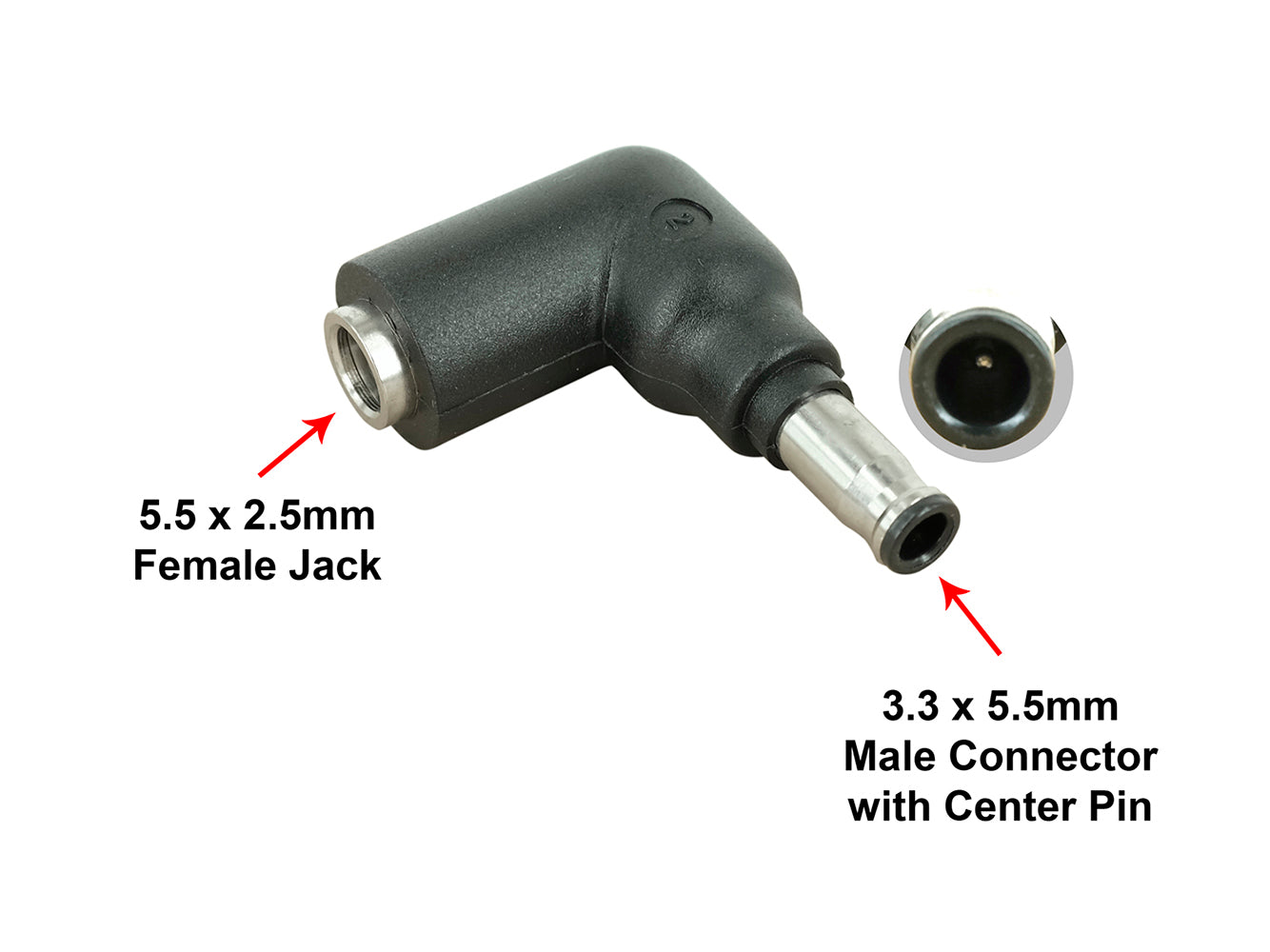 Punta del connettore C2 - Connettore maschio da 5,5 x 3,3 mm con pin centrale a jack femmina da 5,5 x 2,5 mm