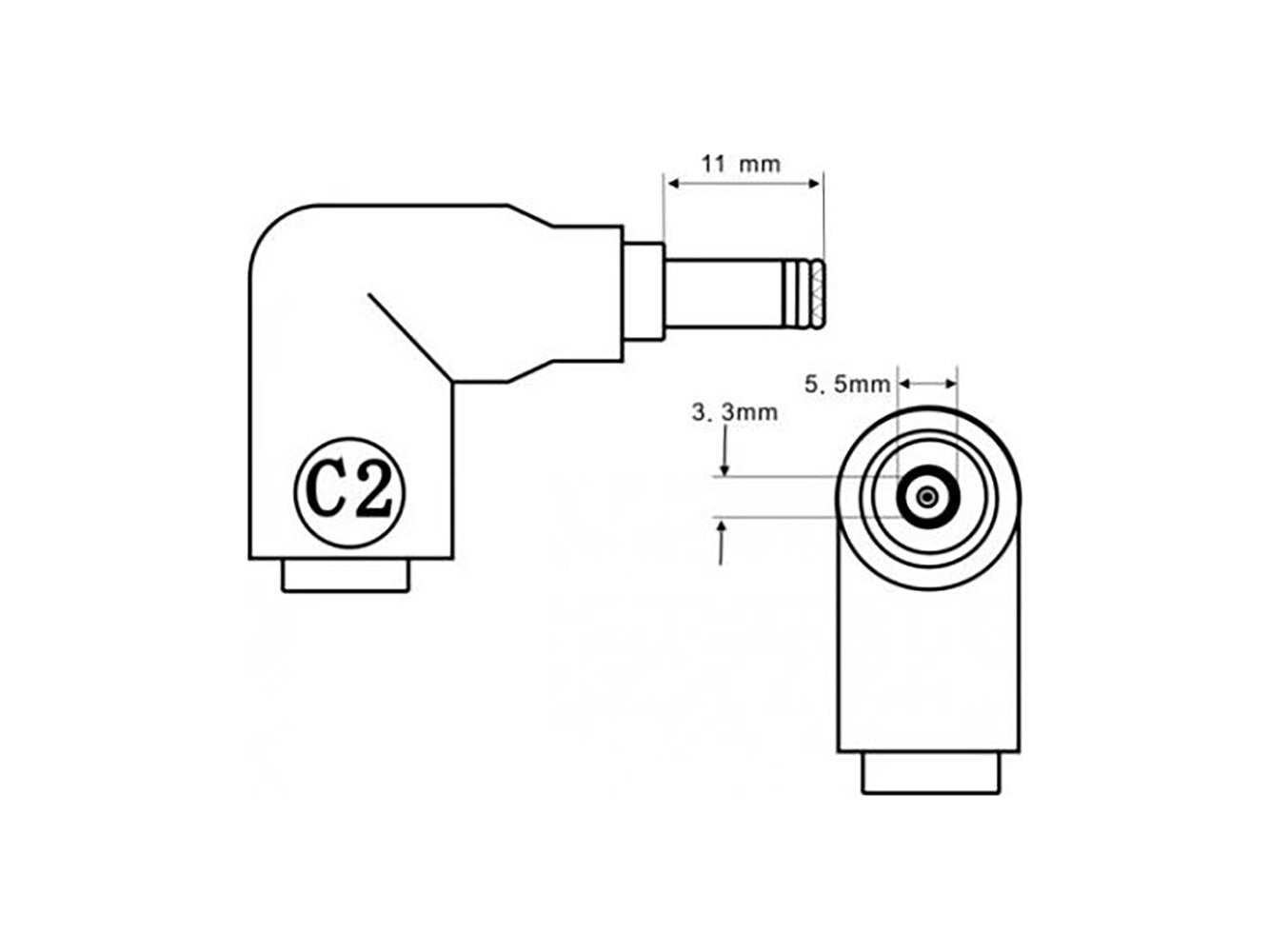 Punta del connettore C2 - Connettore maschio da 5,5 x 3,3 mm con pin centrale a jack femmina da 5,5 x 2,5 mm