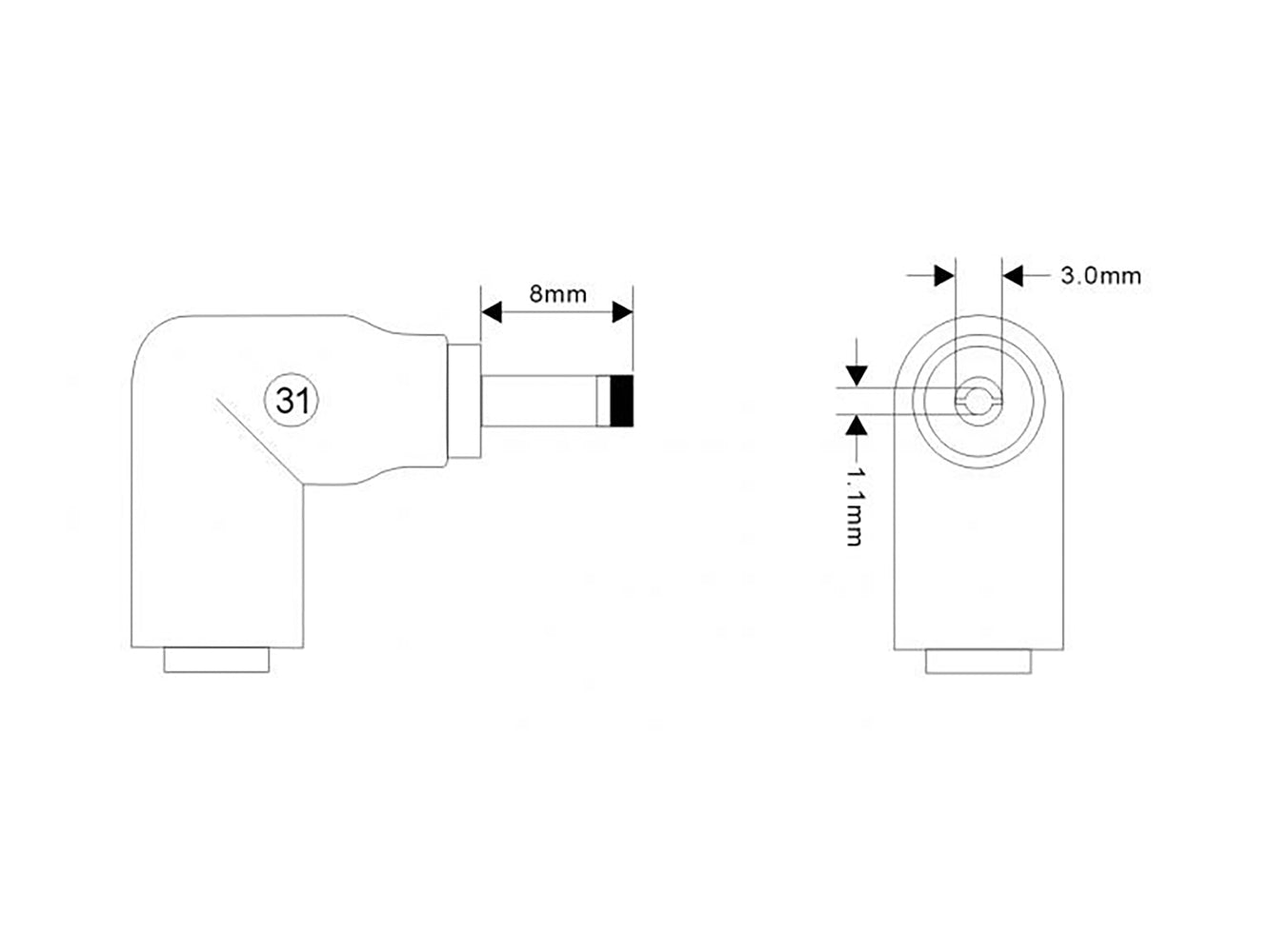 Punta del connettore C31 - Connettore maschio da 3,0 x 1,1 mm a jack femmina da 5,5 x 2,5 mm
