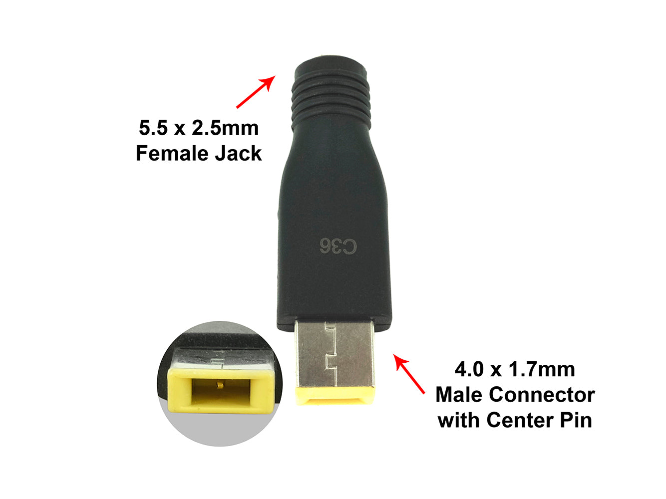 Punta del connettore C36 - Connettore rettangolare per laptop Lenovo con jack femmina da 5,5 x 2,5 mm