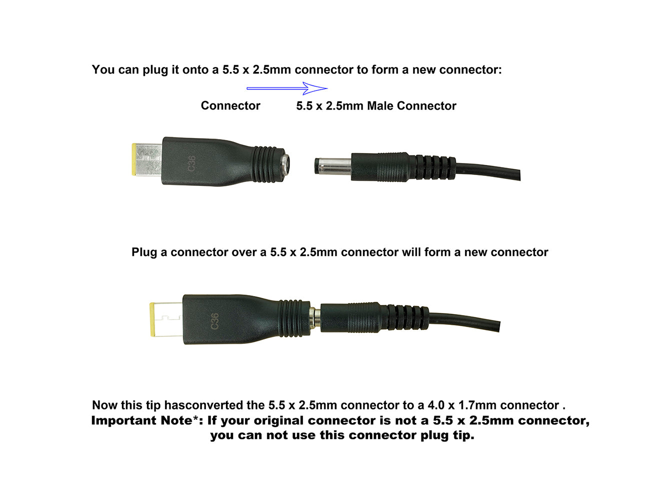 Punta del connettore C36 - Connettore rettangolare per laptop Lenovo con jack femmina da 5,5 x 2,5 mm