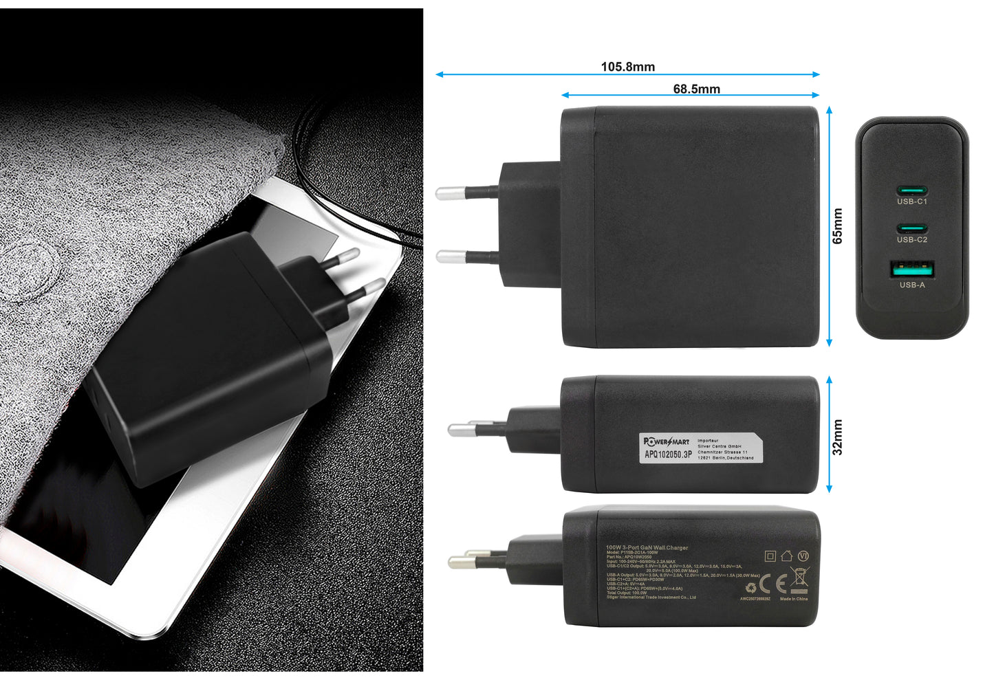 100W 3-Port GaN Fast Charger Power Supply, PD 3.0 Multiple Compact Charger Compatible with iPhone 16 Pro Max MacBook Air iPad Samsung S24 Ultra Huawei Xiaomi DJI etc