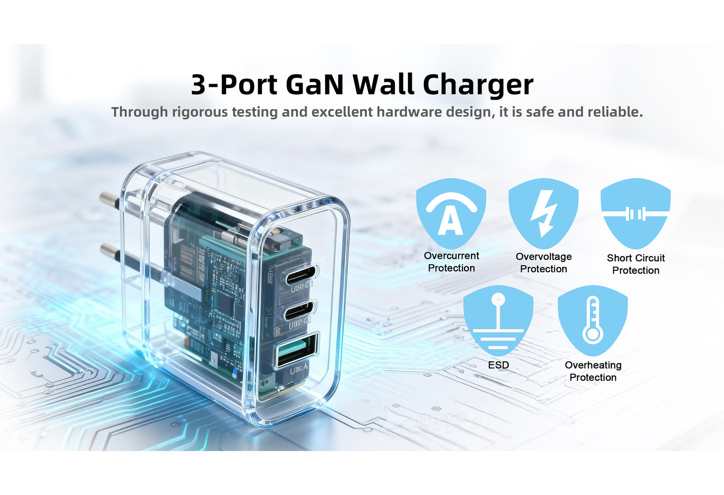 100W 3-Port GaN Fast Charger Power Supply, PD 3.0 Multiple Compact Charger Compatible with iPhone 16 Pro Max MacBook Air iPad Samsung S24 Ultra Huawei Xiaomi DJI etc