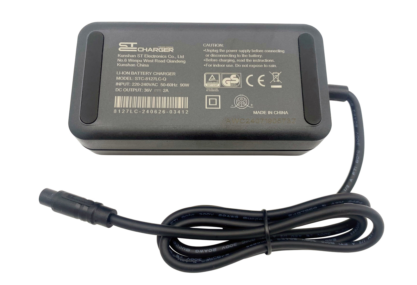 Caricabatterie 36V 2A per batteria agli ioni di litio da 36V per bici elettrica, con spina ST CC a 3 PIN