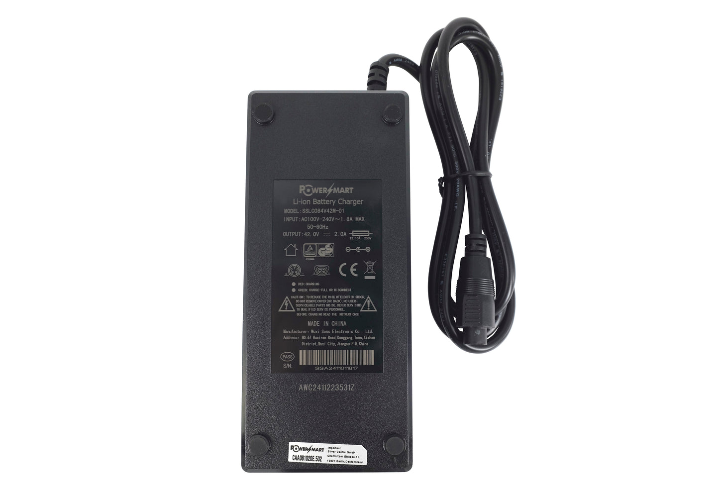 42V 2A SVD 5-pins lader voor e-bikes uitgerust met Joycube, Phylion 36V lithiumAccu’s