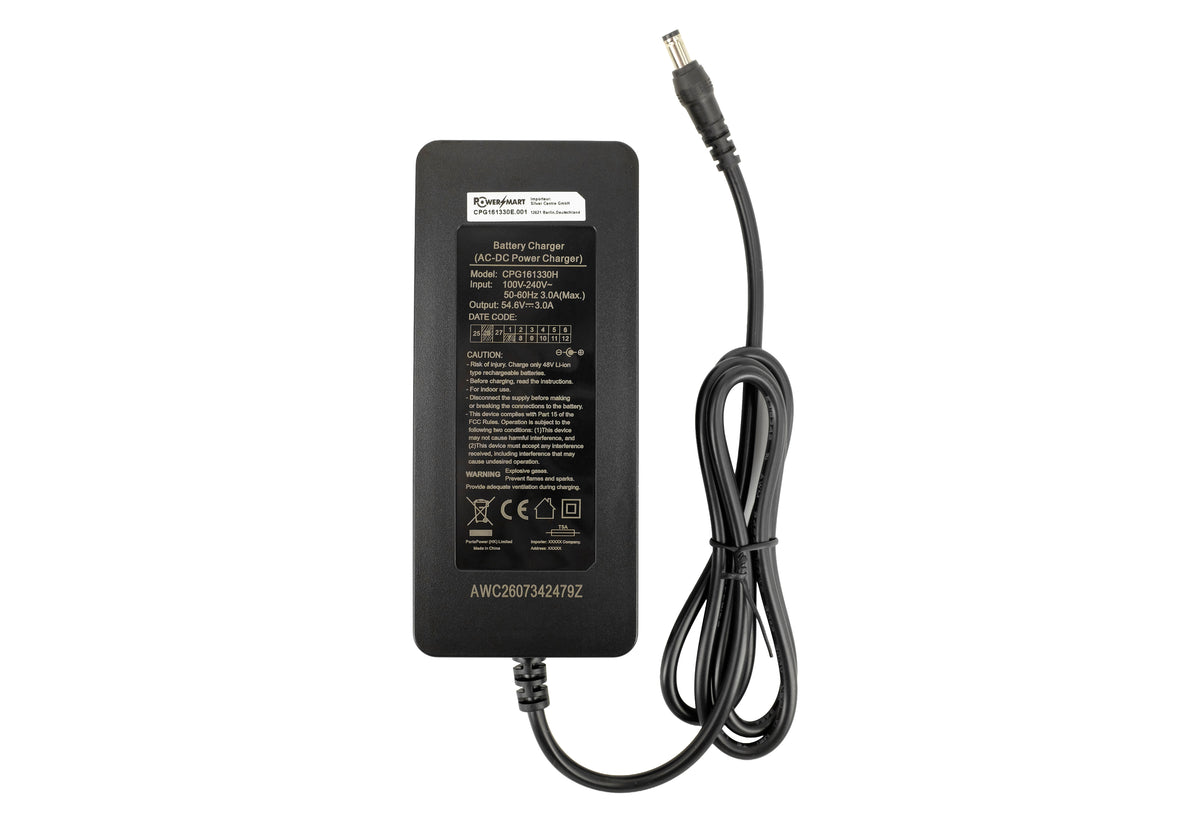 Cargador Rápido de 54,6V 3A para Batería Li-Ion de 48V (13S) de Bicicleta Eléctrica, Pedelec y Patinete Eléctrico (Conector DC 5,5 x 2,1 mm)