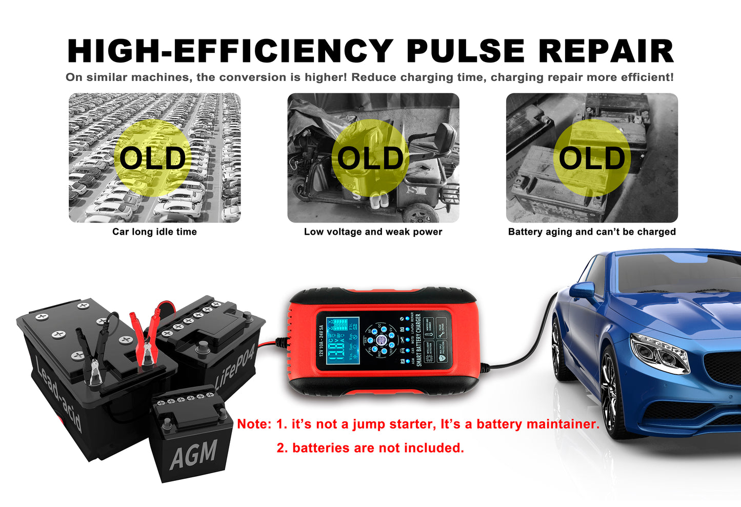 Blei-Säure-Ladegeräte, 7-stufiges Autobatterieladegerät für Nass-/GEL-/SLA-/LiFePO4-/Blei-Säure-/AGM-Batterien, 12 V 10 A/24 V 5 A, intelligentes Batterieladegerät für Geländefahrzeuge/Golfwagen/Motorräder/Autos/Schiffe usw., Schnellladegerät