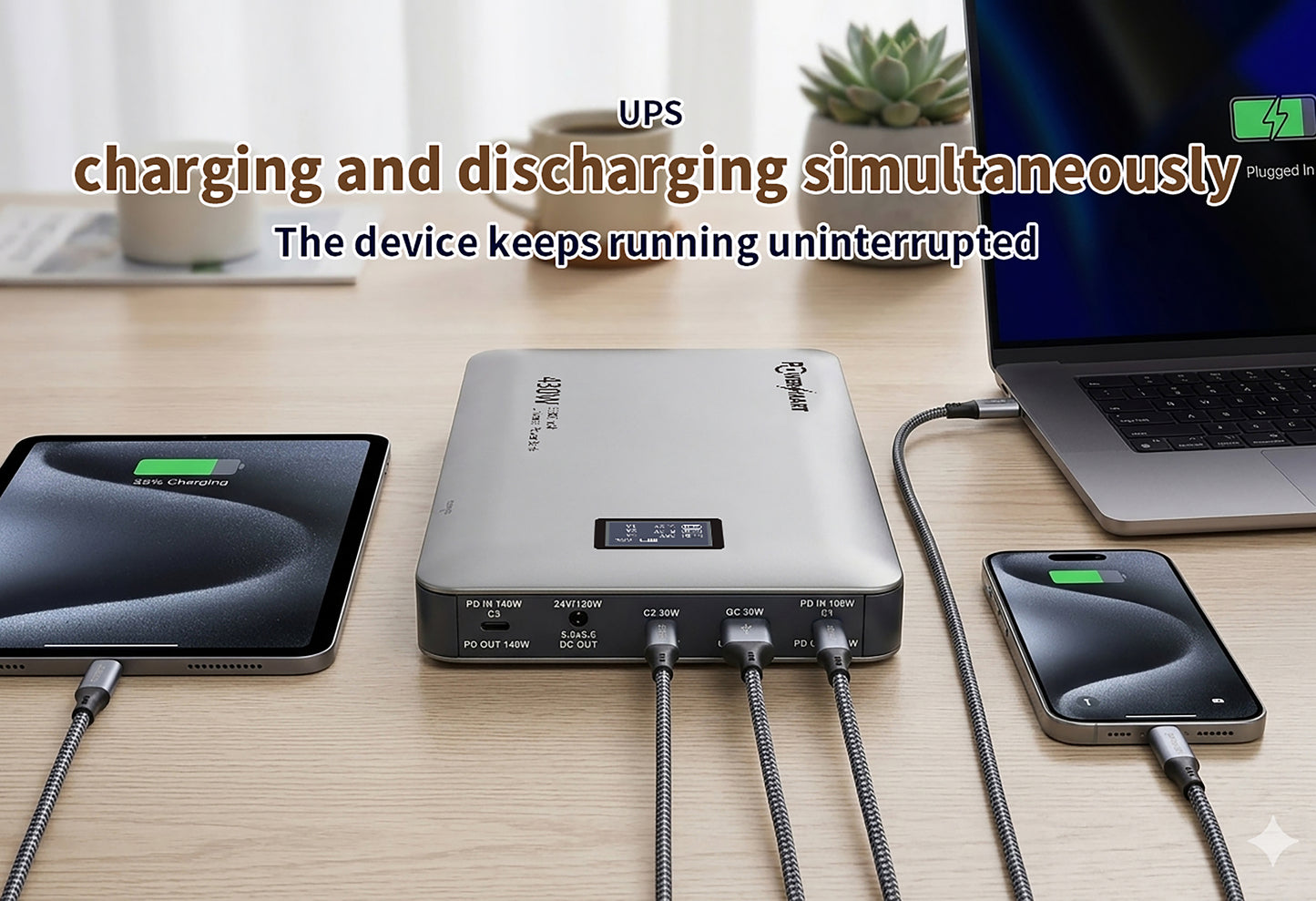 All-in-One 430W Schnelllade-Powerbank mit 5 Anschlüssen (3 USB-C + 1 USB-A + DC) | Schnellladen für Laptops, Drohnen und Smartphones