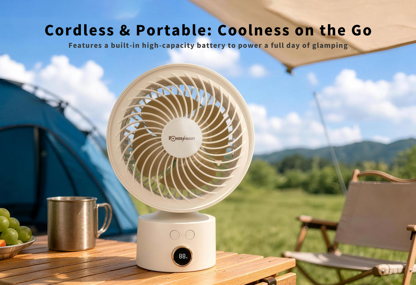 3D Air Circulation Table Fan with 110° Oscillation, 4000mAh Rechargeable Battery, 3 Speeds, 4H Timer & Aromatherapy Function – USB‑C Portable Air Circulator