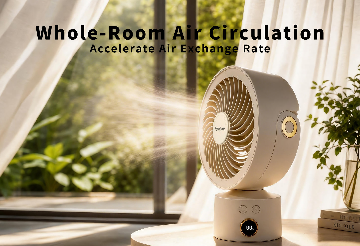 3D Air Circulation Table Fan with 110° Oscillation, 4000mAh Rechargeable Battery, 3 Speeds, 4H Timer & Aromatherapy Function – USB‑C Portable Air Circulator